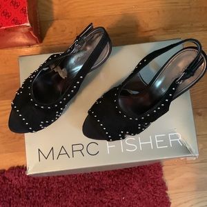 Marc fisher black suede studded sling back sandals